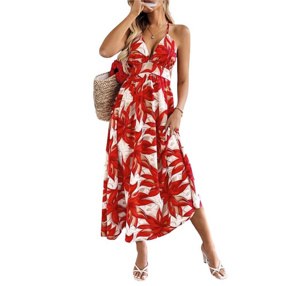 Casual Summer Maxi Dress Leaf Print Beach Style Lightweight Fabric Perfect for Vacation and Resort Wear Wholesale