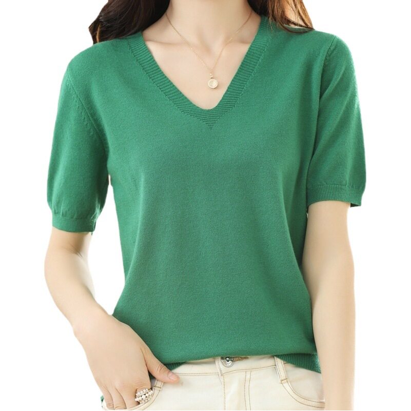 Wholesale V-neck short-sleeved knitted T-shirt women's pullover short mid-sleeved thin sweater Joker fashion trend half sleeve