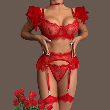 European and American sexy lingerie suit fashion feather stitching detachable metal chain lace sexy four-piece set