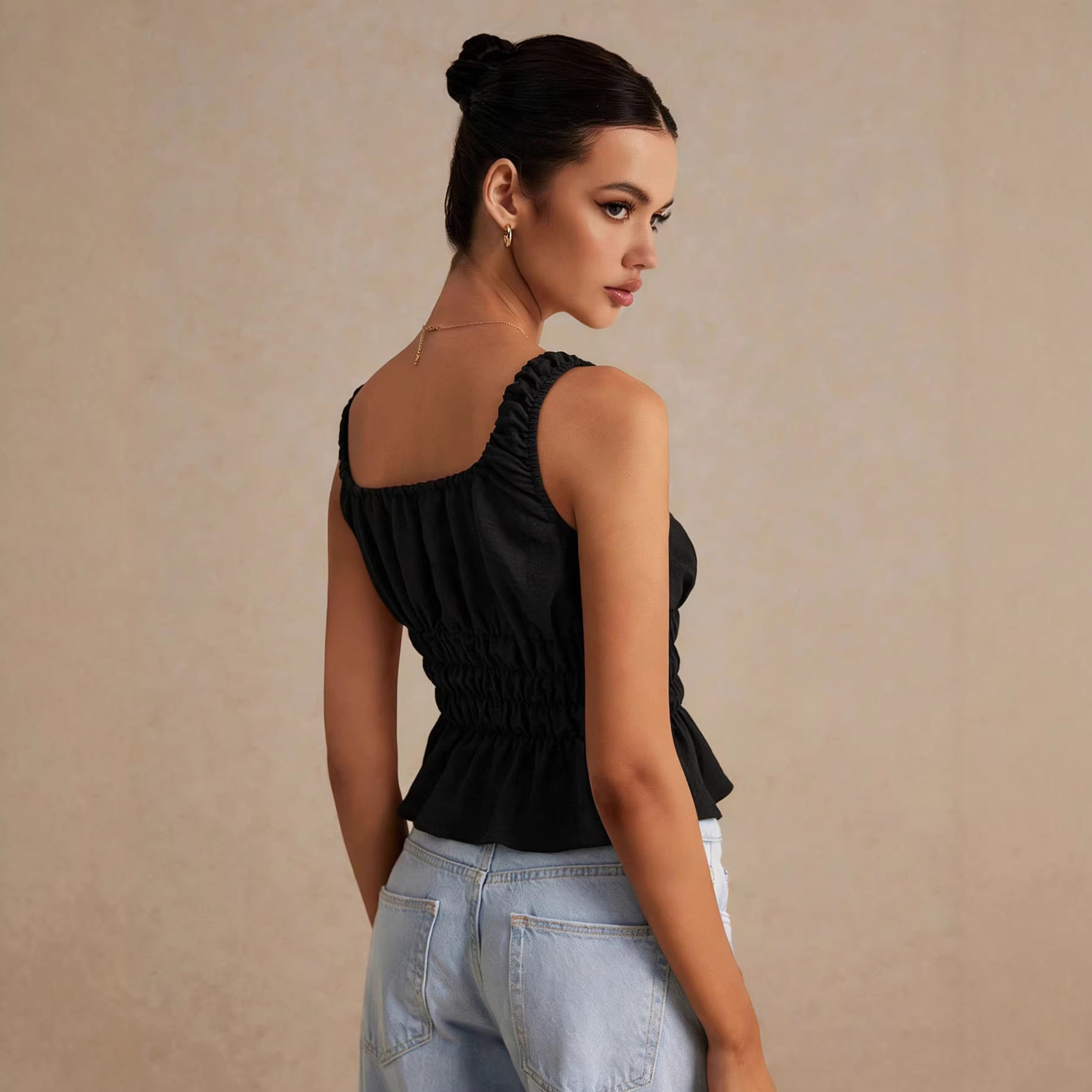 Sweet Ruffled Hem Drawstring Cami Top Square Neck Slim Fit Backless Flowy Design Casual Summer Wear Wholesale