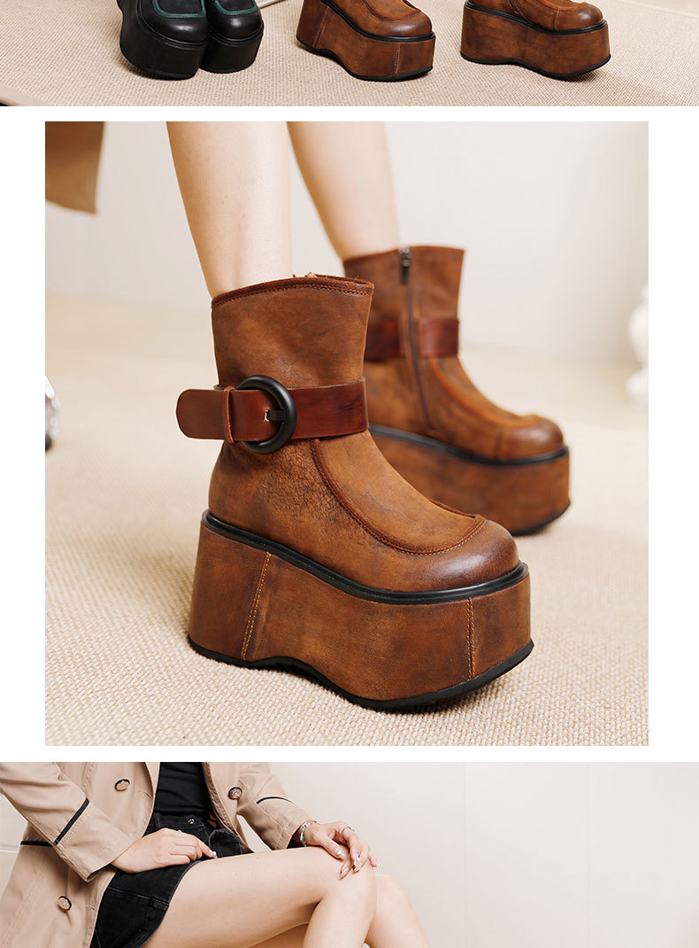 Boot nữ cổ trung da bò thật phối màu đế dày khóa kéo bên — Màu cà phê, Màu đen