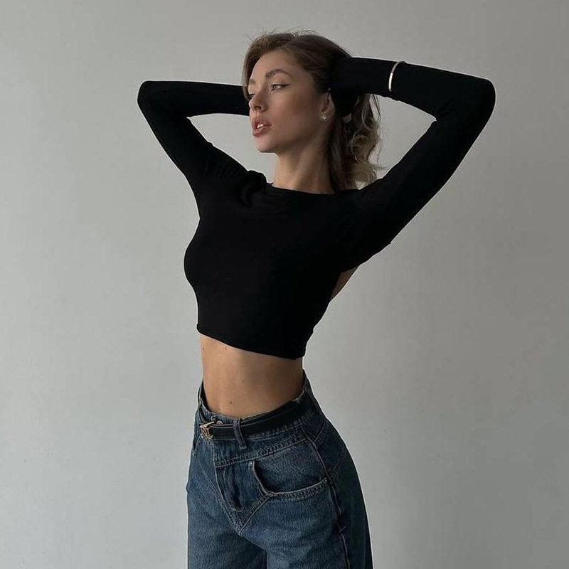 Womens Long Sleeve Crop Top Sexy Backless Design Solid Color Slim Fit Stylish Winter Fashion Wholesale Available
