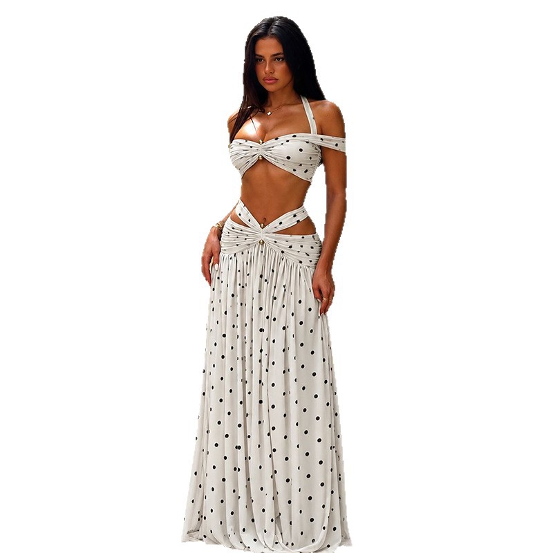 Summer Womens Two Piece Set Sexy Backless Crop Top Polka Dot Skirt Trendy Style Perfect for Parties or Casual