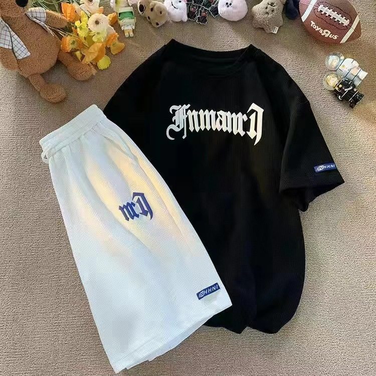 跨境华夫格休闲套装男夏季冰丝短袖t恤男装一套搭配运动衣服批发