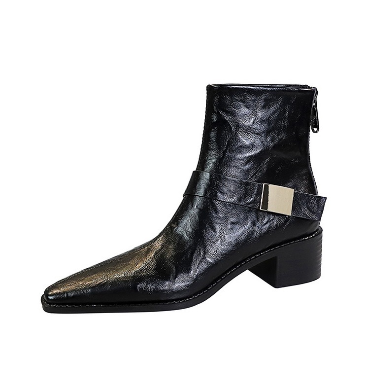 Boot nữ cổ thấp gót vừa mũi nhọn khóa kim loại phong cách Âu Mỹ — Lớp lót nhung đen, Lớp lót nhung màu nâu sẫm, Màu đen, Màu nâu đậm