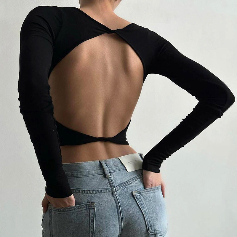 Womens Long Sleeve Crop Top Sexy Backless Design Solid Color Slim Fit Stylish Winter Fashion Wholesale Available