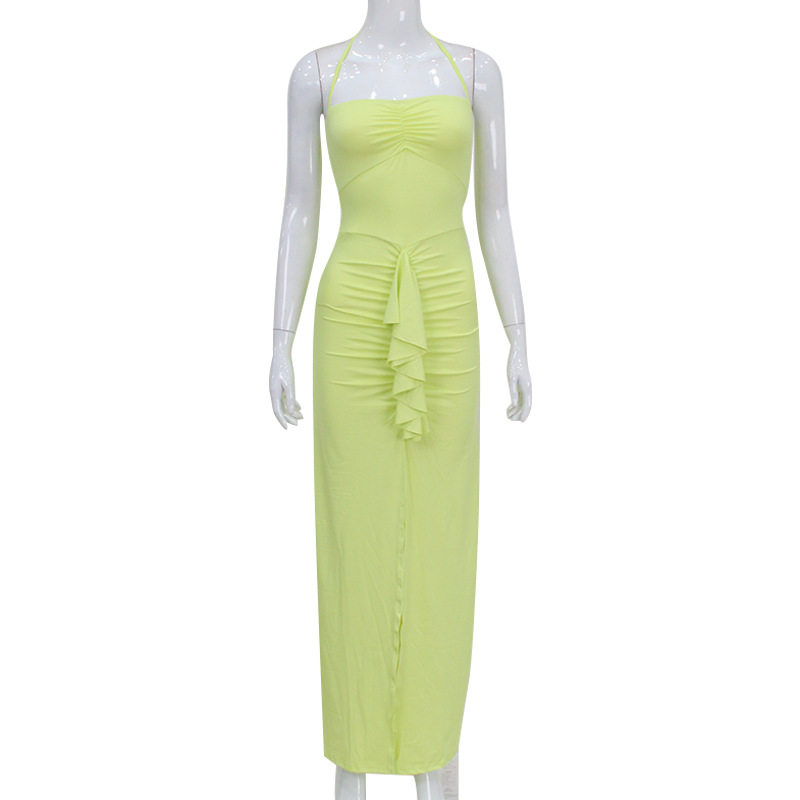 Womens Halter Neck Dress Slim Fit Ruffle Trim Pleated Side Slit Elegant Long Dress for Parties and Events