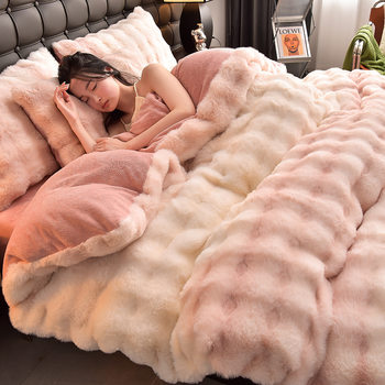 Winter Rabbit Plush Four-piece Milk Fleece Quilt Cover Thickened Flannel Bed Three-piece Coral Fleece Bed Sheet Quilt Cover