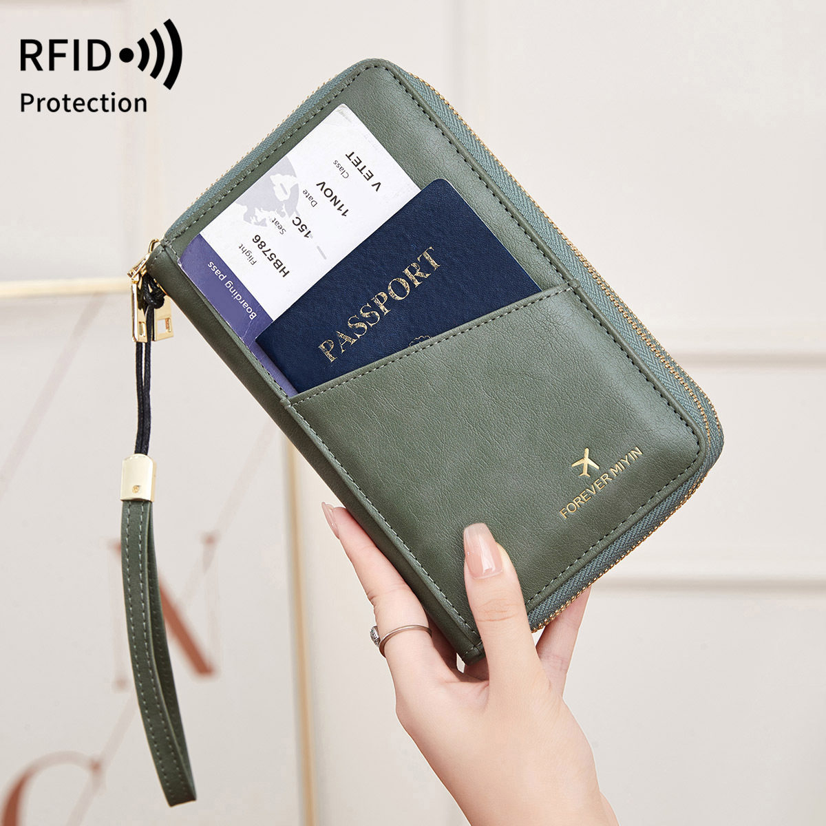 Cross-border New RFID Anti-theft Brush Passport Bag Long Zipper Crossbody Passport Wallet Multifunctional Storage ID Bag