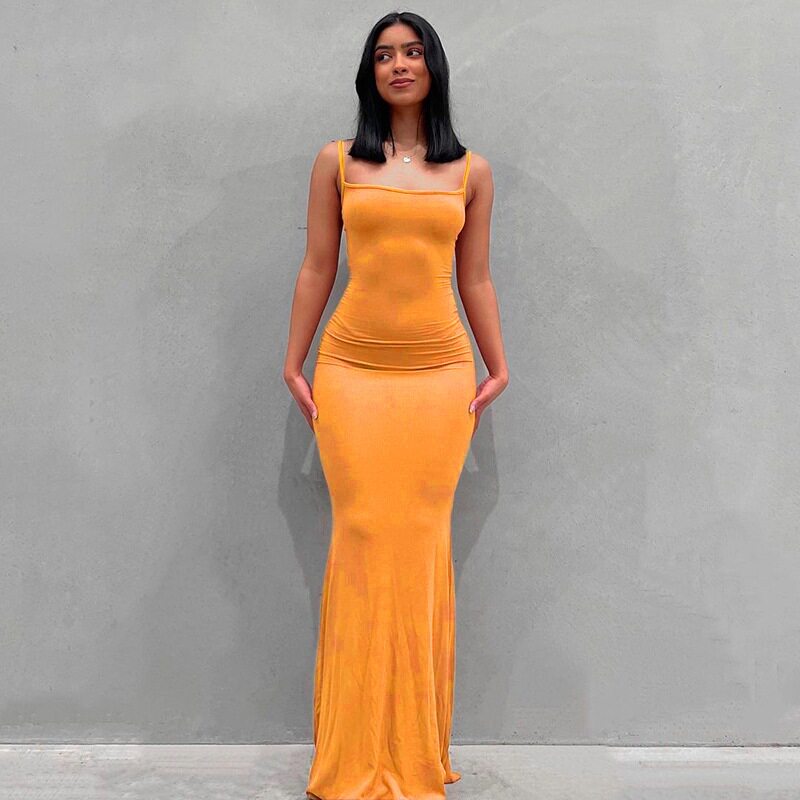 Womens Solid Color Bodycon Maxi Dress Spaghetti Straps Mermaid Hem Peach Butt Lift Elegant Evening Wear Wholesale