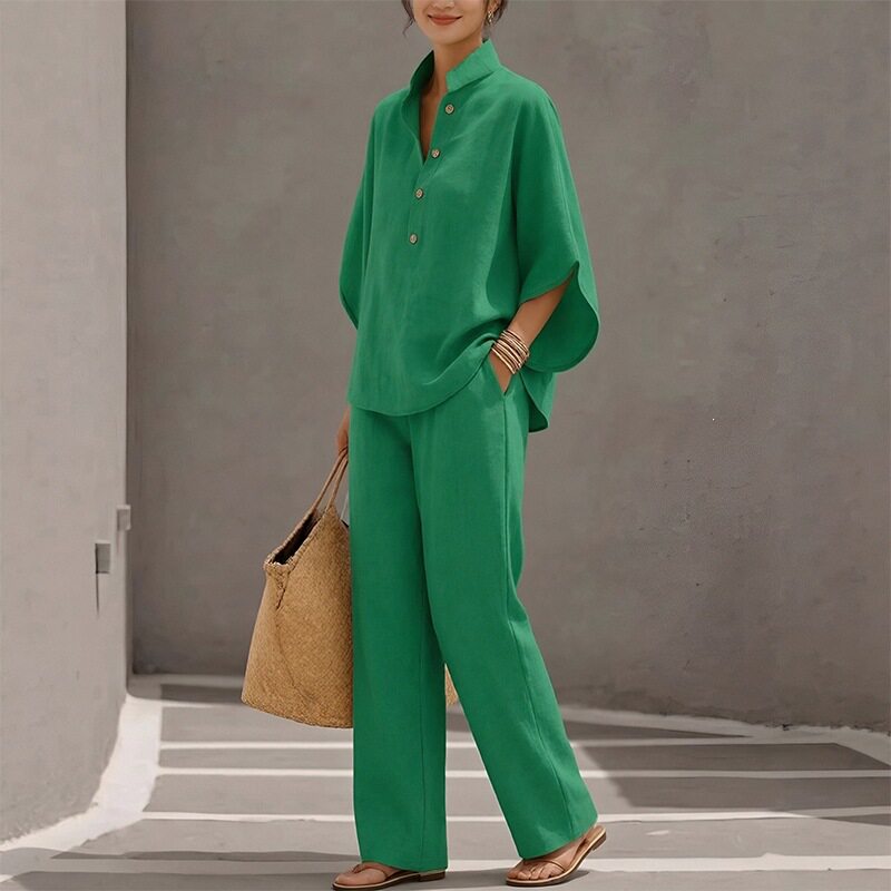 Womens Spring Fashion Set Casual Solid Color Button Down Collar Straight Leg Pants Perfect for Everyday Wear
