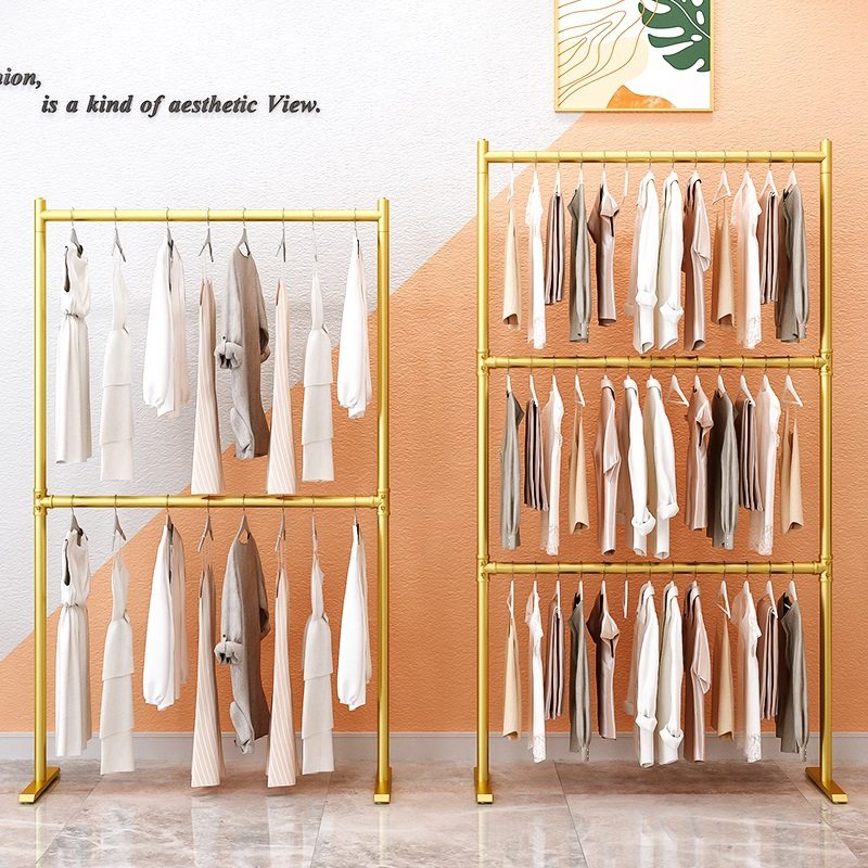 Simple Double-Layer Clothing Store Floor-Standing Clothes Rack Iron Double-Pole Folding Clothes Hanging Rod Floor-Standing Adjustable Balcony Clothes Drying Rack