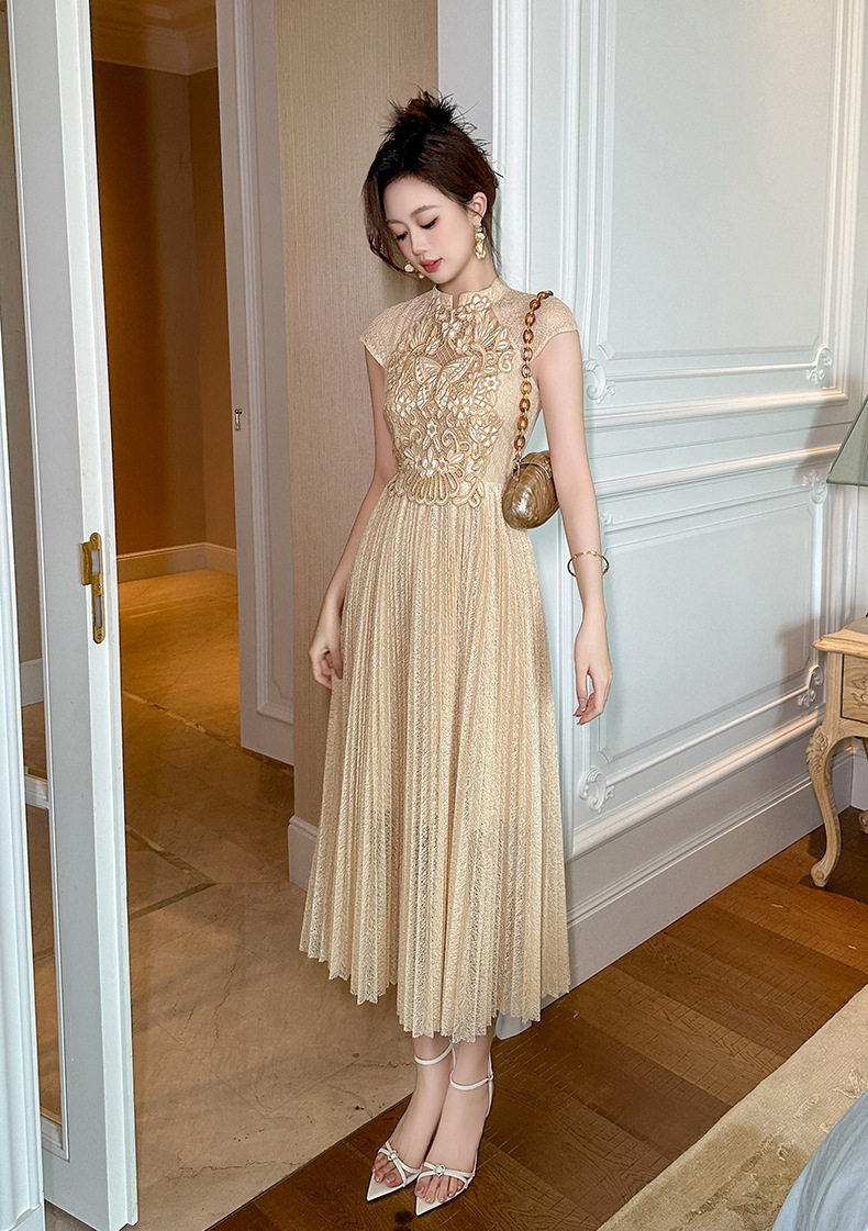 Đầm ren nữ tay ngắn xếp ly eo cao dáng suông midi — [Màu hồng đào] chi tiết 9