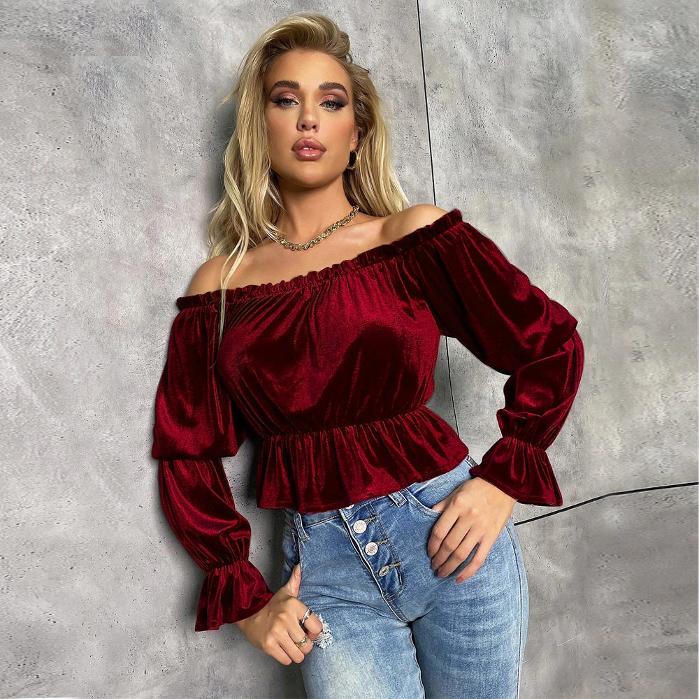 Womens Long Sleeve T Shirt Off Shoulder Neckline Ruffle Detail French Style Velvet Fabric Spring Summer Collection