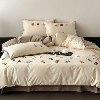 New Style 100-Count Long-Staple Cotton Brushed Four-Piece Set Pure Cotton Towel Embroidered Floral Quilt Cover Autumn and Winter Bed Bed Sheets 4