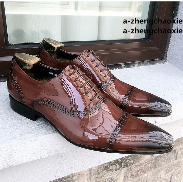 Giày da nam mũi nhọn chạm khắc phong cách Anh Quốc, giày brogue buộc dây đi tiệc và dạo phố — Cà phê ba khúc, Đầu ba khúc màu đen, Khắc hoa văn màu cam, Khắc hoa văn màu đen