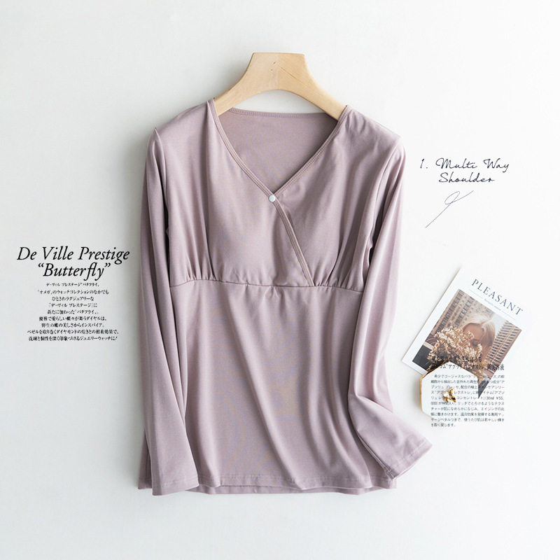 Pure Cotton Breastfeeding Clothes with Chest Pad Long-Sleeved Crossed Non-Wearing Underwear Monthly Clothes Pregnant Women's Postpartum Breastfeeding Clothes Base Clothes