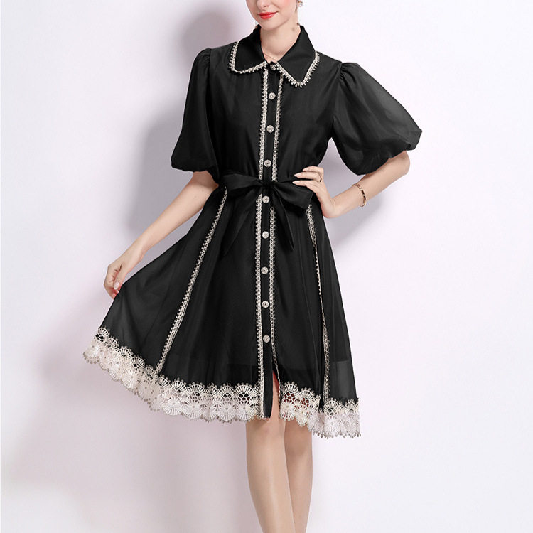 Vintage Inspired Womens Summer Dress Intricate Lace Paneling Waist Tie Lantern Sleeves Sheer Fabric Perfect for