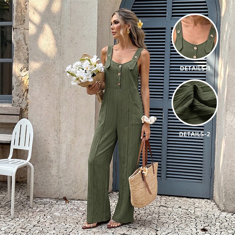 Loose Fit Solid Color Textured Overalls Fresh Vacation Style Comfortable Summer Wear OEM Available