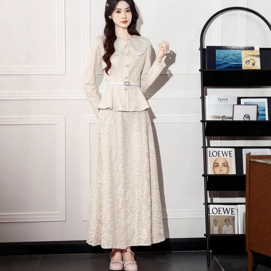 French Style Elegant Womens Two Piece Set Embroidered Beaded Doll Collar Waist Tie Long Sleeve Top High Waist Skirt