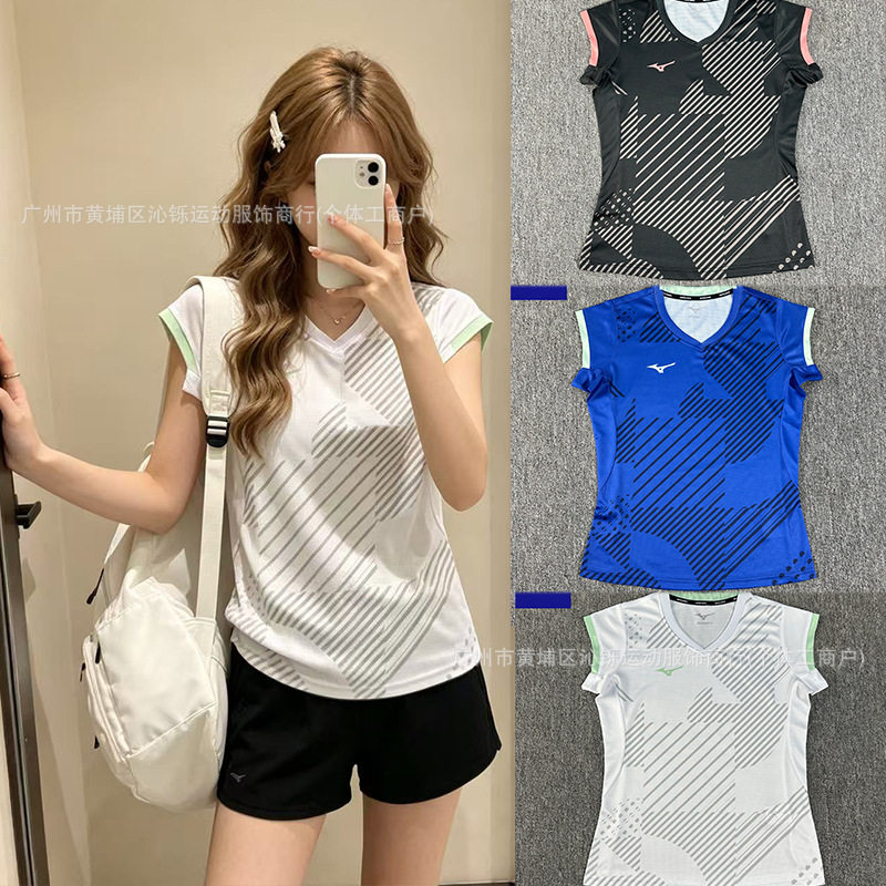 ชุดแบดมินตันและเทนนิสสำหรับผู้หญิง เสื้อกีฬาแขนสั้น แห้งเร็ว ระบายอากาศได้ดี ชุดแข่งขัน เสื้อแบดมินตัน Mizuno