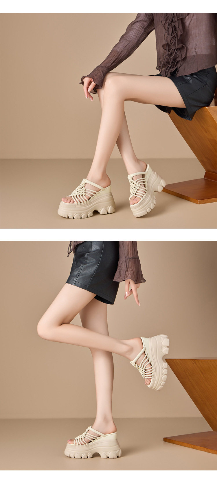 Dép sandal nữ xỏ ngón đế bệt, quai dệt đan, phong cách Hàn Quốc, đi biển dạo phố — [Trắng kem], [Đen], [Hồng] chi tiết 4