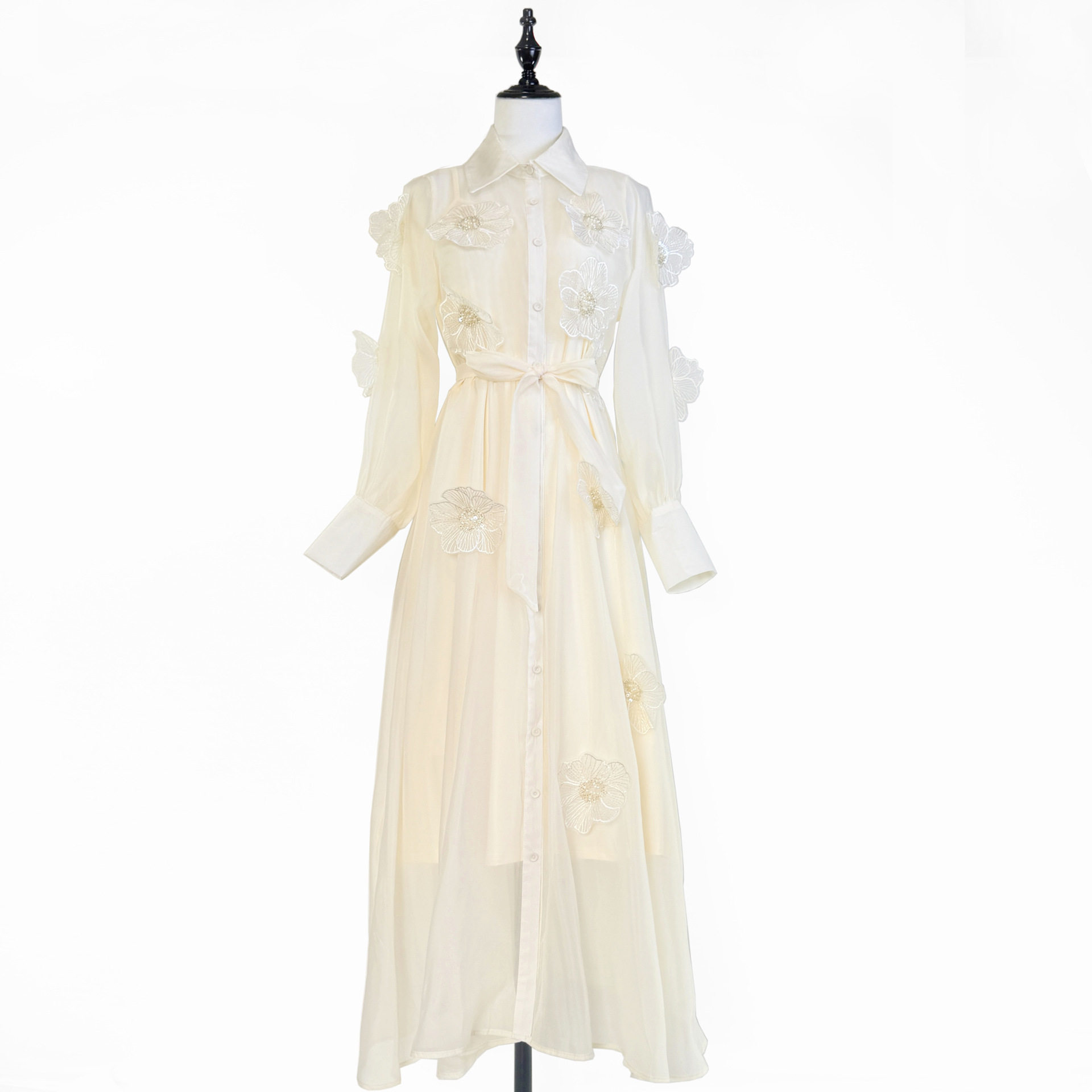 French Style Womens Dress Fashionable Beaded 3D Floral Design Waist Tie Flared Tulle Long Skirt for Autumn Wholesale