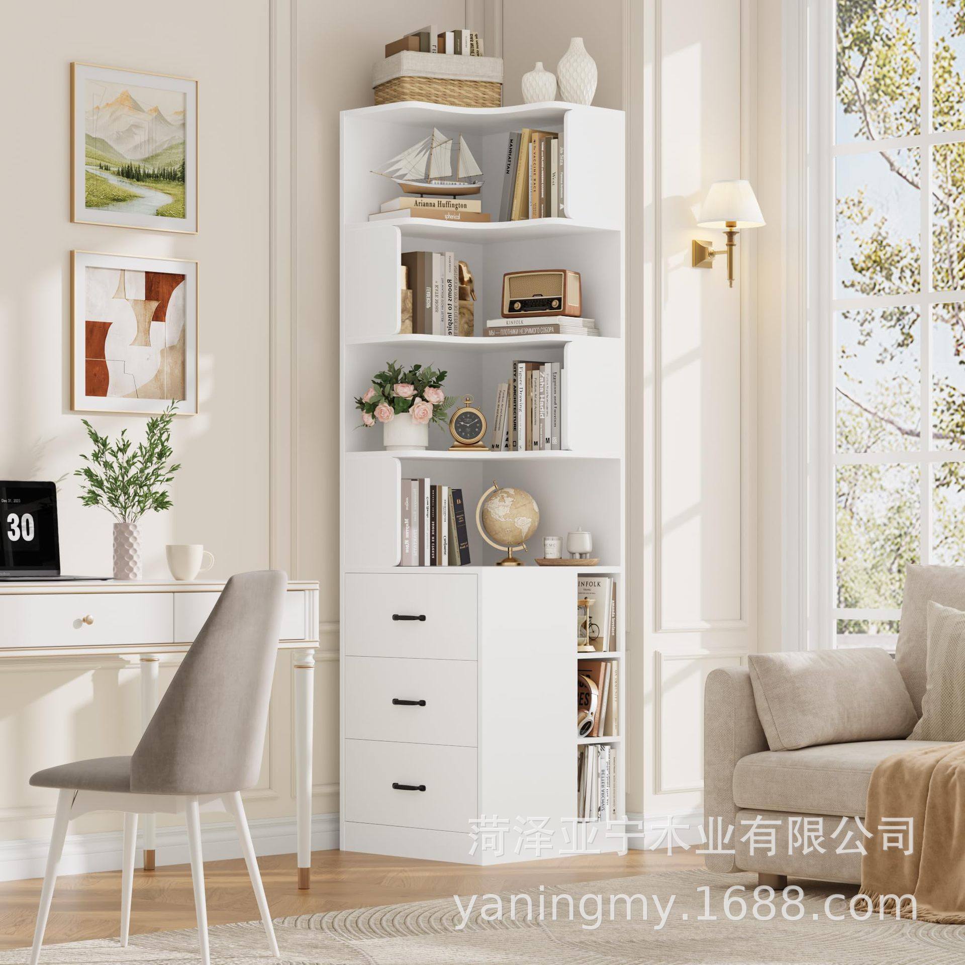 木制角落书架家用木制书柜卧室角落书籍收纳架木制储物柜板式柜子