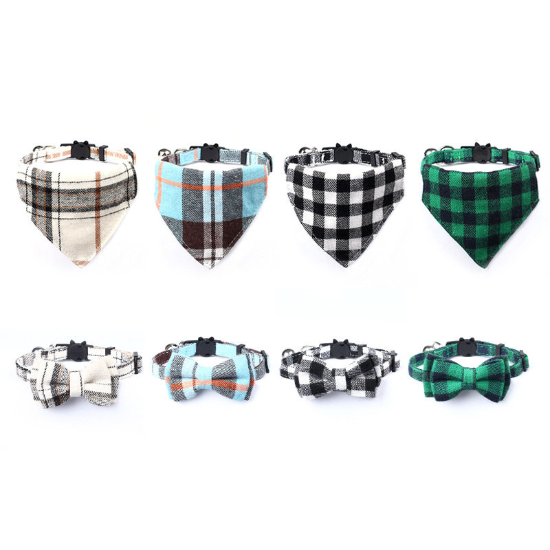 Cross-border new British plaid bow saliva towel matching cat collar buckle pet supplies manufacturers in stock