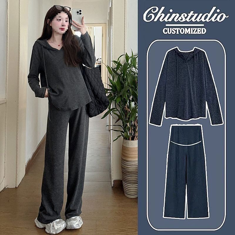 Maternity Wear, Spring & Fall Loose Long-Sleeved Hooded Tops, Korean Style Fashionable Casual Outer Wear Belly Support Pants, a Complete Set for Hot Moms