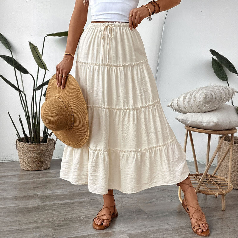 Layered Solid Color Summer Maxi Skirt Casual Style Minimalist Design Adjustable Tie Wholesale Available