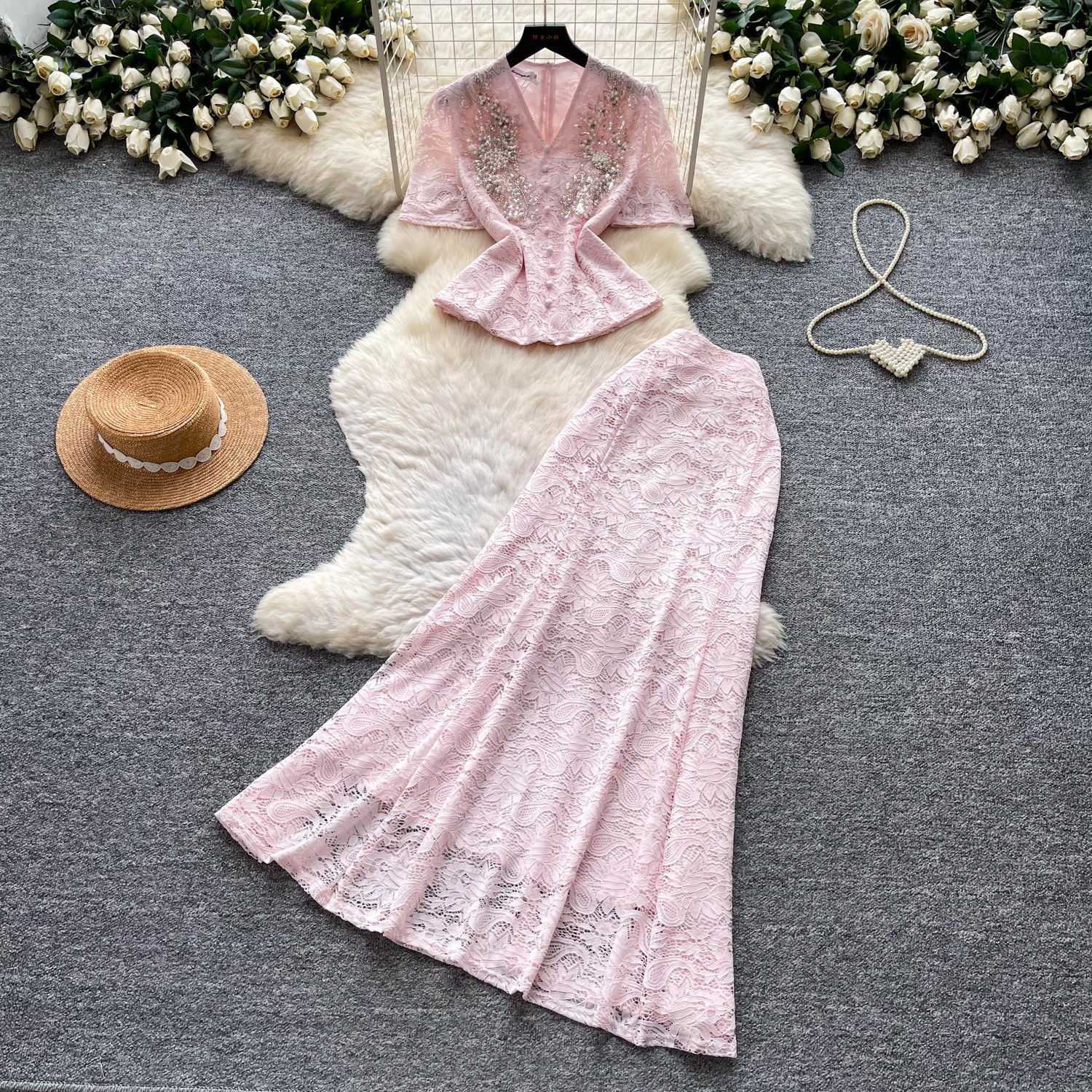 French Style Elegant Two Piece Set Beaded V Neck Lace Detail Slim Fit Summer Fashion for Sophisticated Occasions