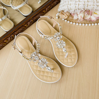 Rhinestone Flat Thong Sandals Women's 2025 New Bohemian Ethnic Style Travel Holiday Beach Roman Women's Shoes