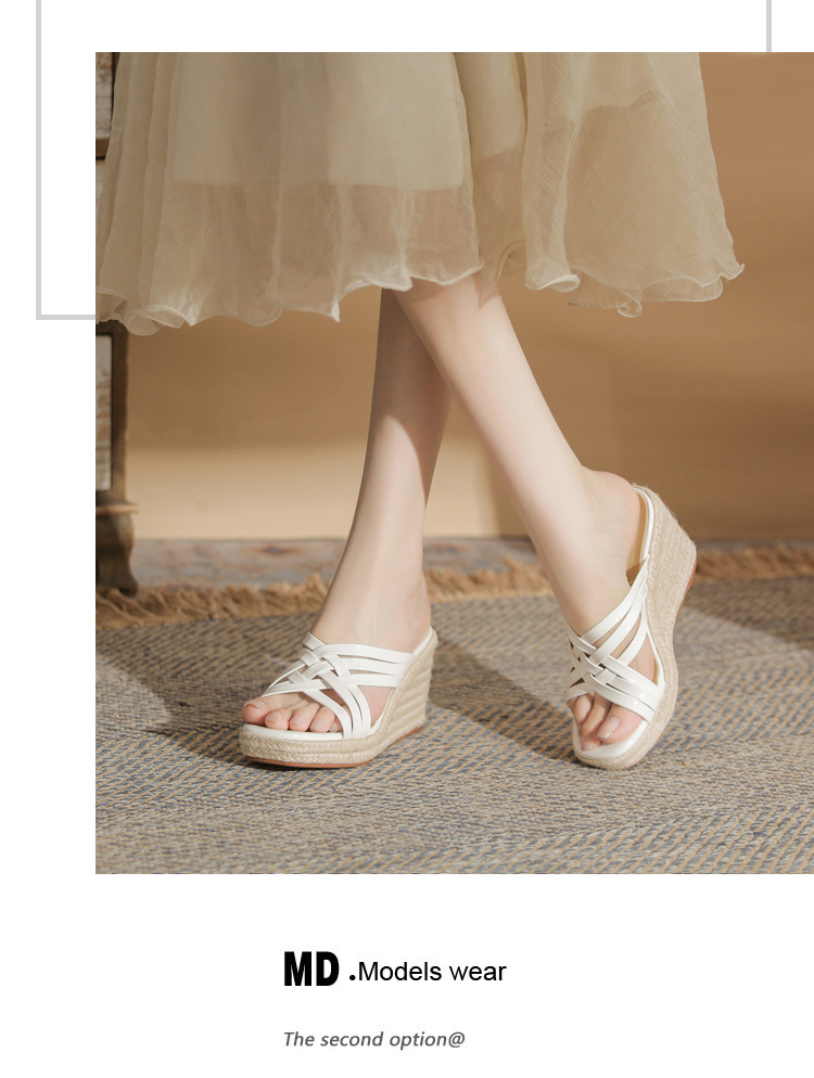 Sandal nữ quai ngang đế xuồng cao 9cm mũi hở phối quai bện — Màu bạc, Màu trắng