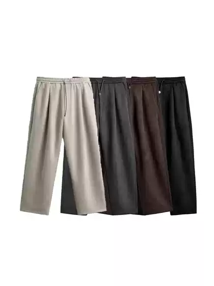 Pb&Za Cross-Border Foreign Trade New Men's Clothing French Design-Inspired Suede-Effect Wide-Leg Tie-Up Pleated Pants 3046385