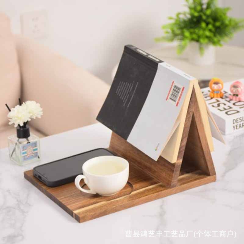 Cross-border New Solid Wood Triangle Book Stand Acacia Wood with Coaster Bracket Reading Rack Home Bedroom Desktop Bookshelf