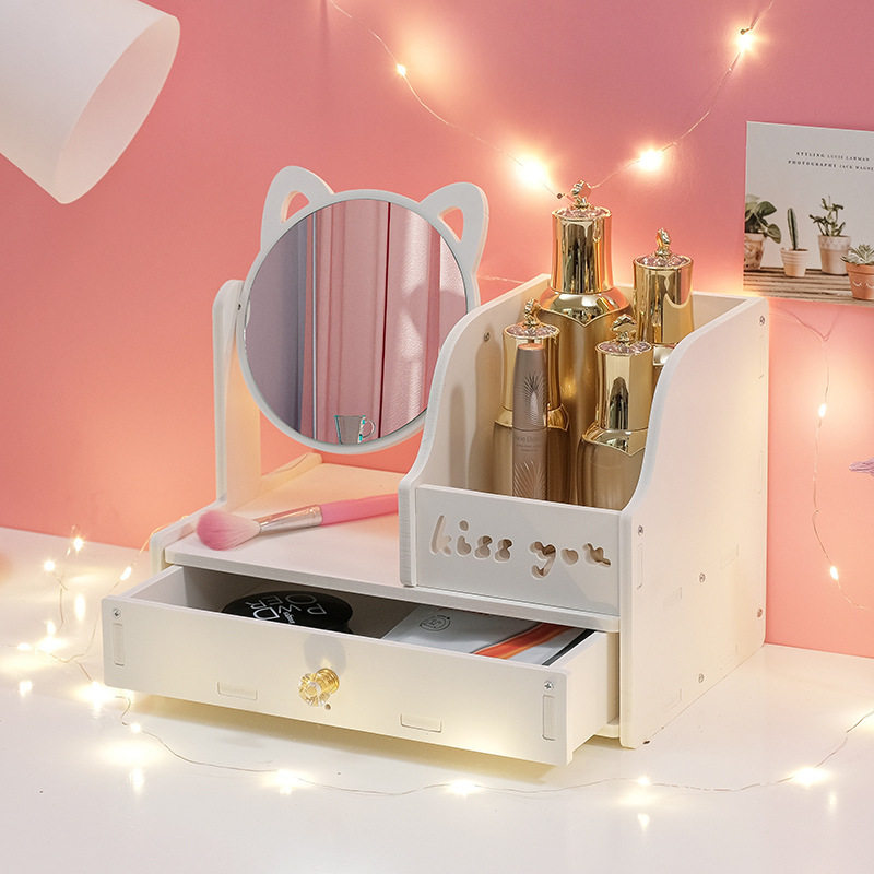 Customized Desktop Cosmetics Storage Box Beauty Tool Dressing Table with Drawer Organizer Box Cut Out Carved Storage Rack