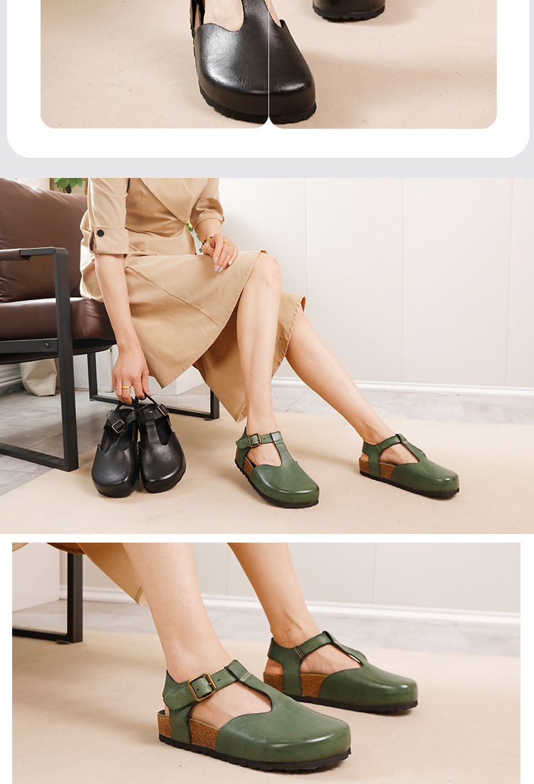 Sandal nữ quai ngang da bò thật phong cách cổ điển, đế bằng êm chân — Màu đen, Màu xanh lá