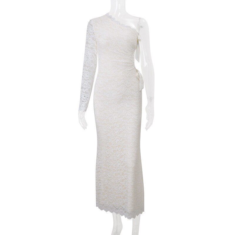 Lace One Shoulder Dress Sexy Hollow Out Long Sleeve Bow Detail Autumn Winter Fashion Wholesale Available