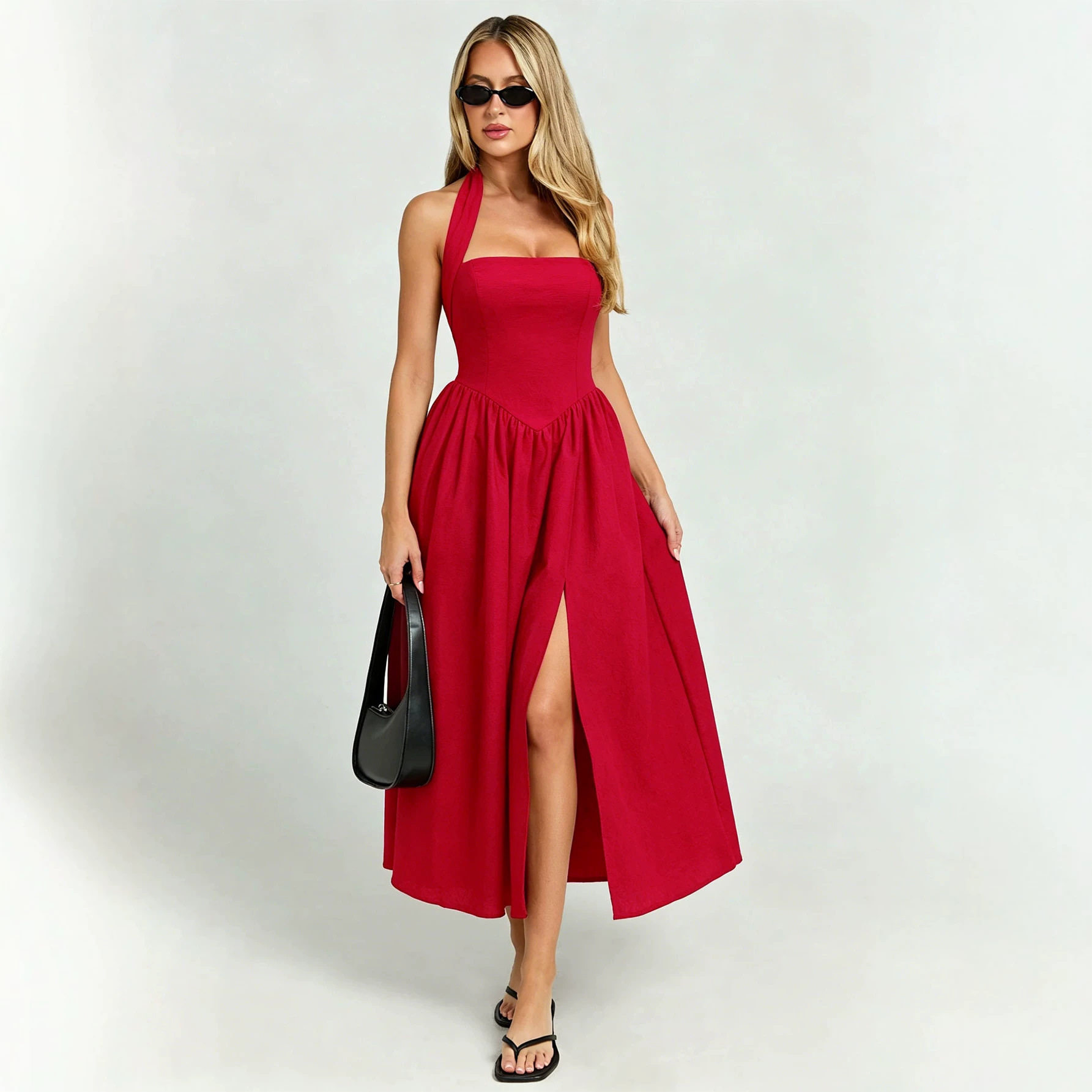 Vintage French Style Halter Neck Tie Dress Backless Waist Cinching Flared Hem High Slit Perfect for Vacations and