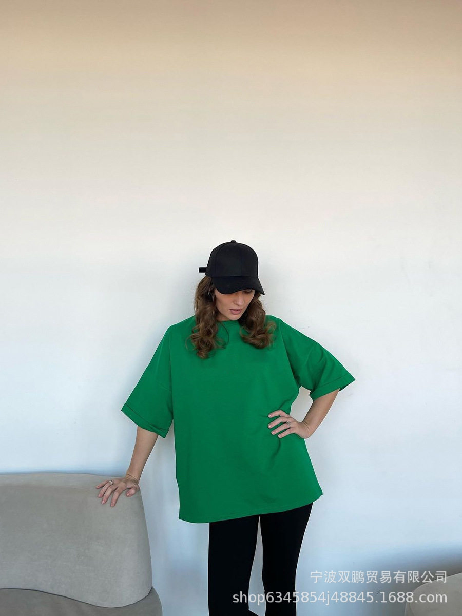 Womens Loose Fit Solid Color Short Sleeve Cotton T Shirt Casual Style Versatile Comfortable Wholesale Available