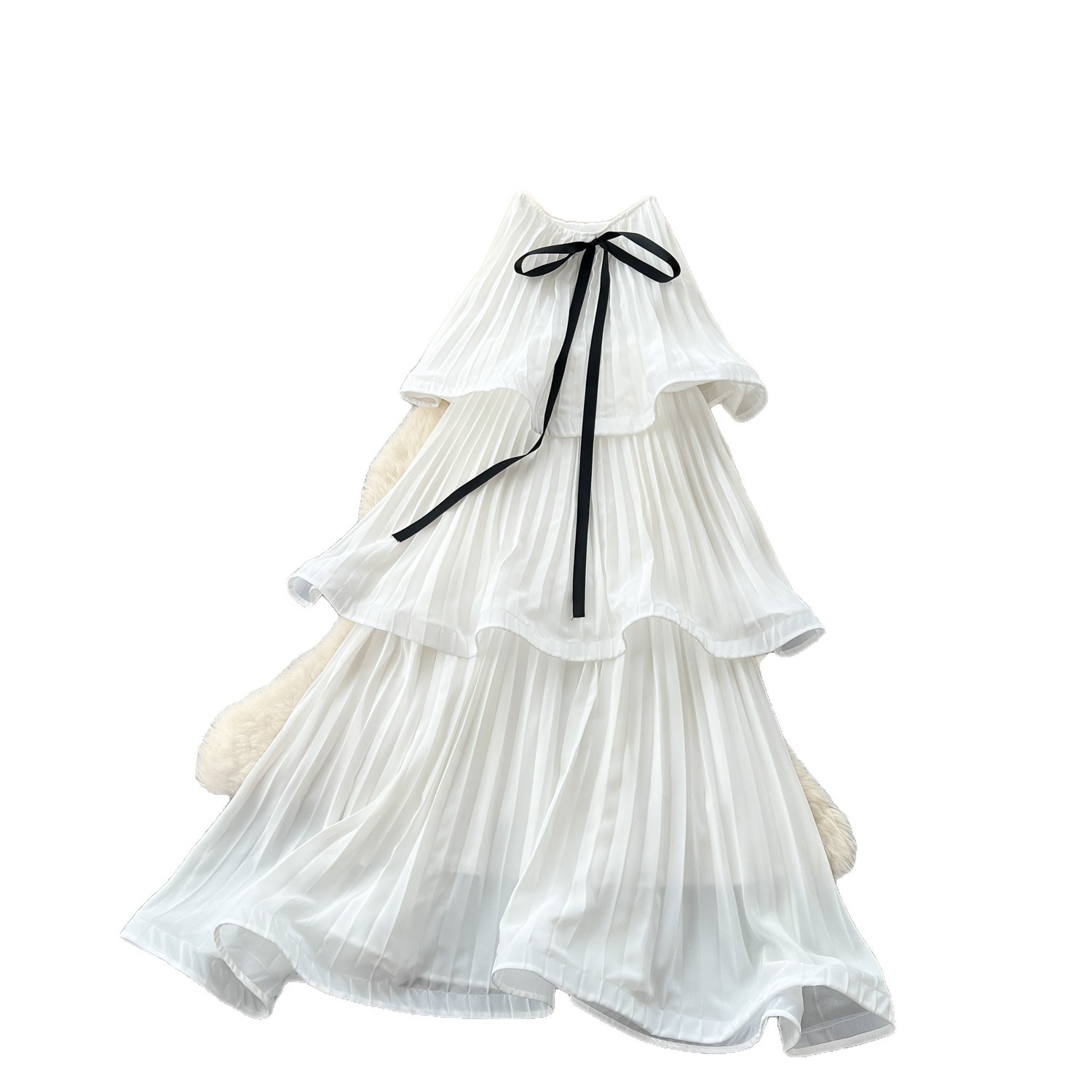 French Style White Sleeveless Dress Bowknot Ruffle Hem Elegant Long Gown Summer Occasion Wholesale Available