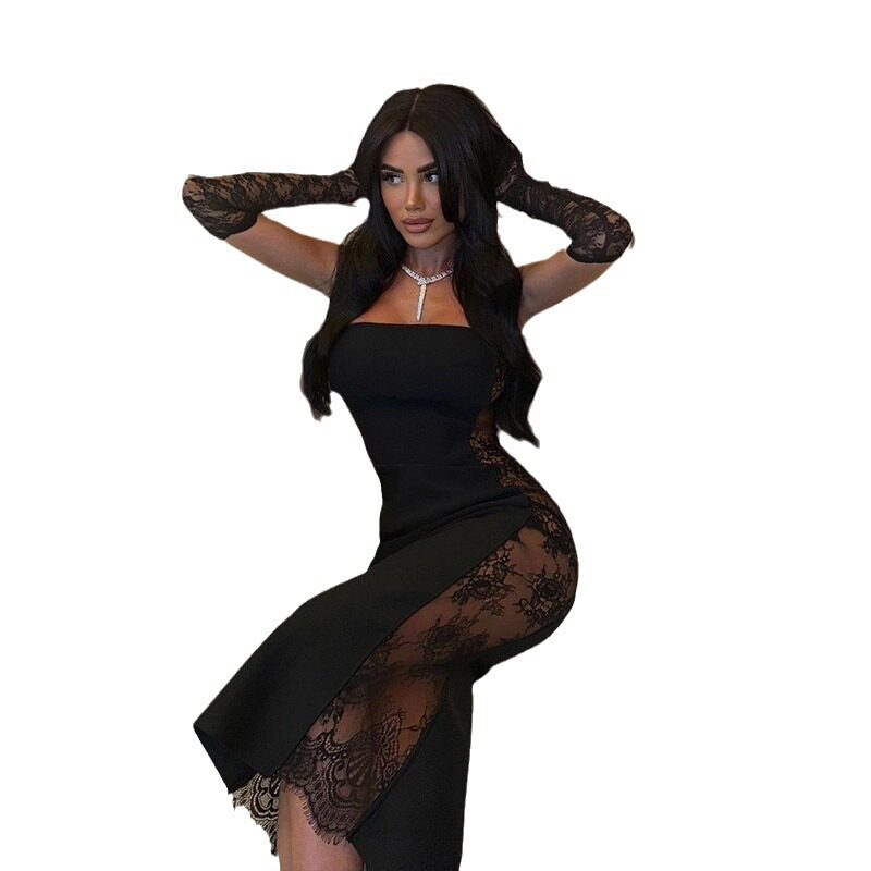 Bodycon Lace Panel Maxi Dress Strapless Sheer Sexy Elegant Perfect for Parties and Night Out Wholesale Available