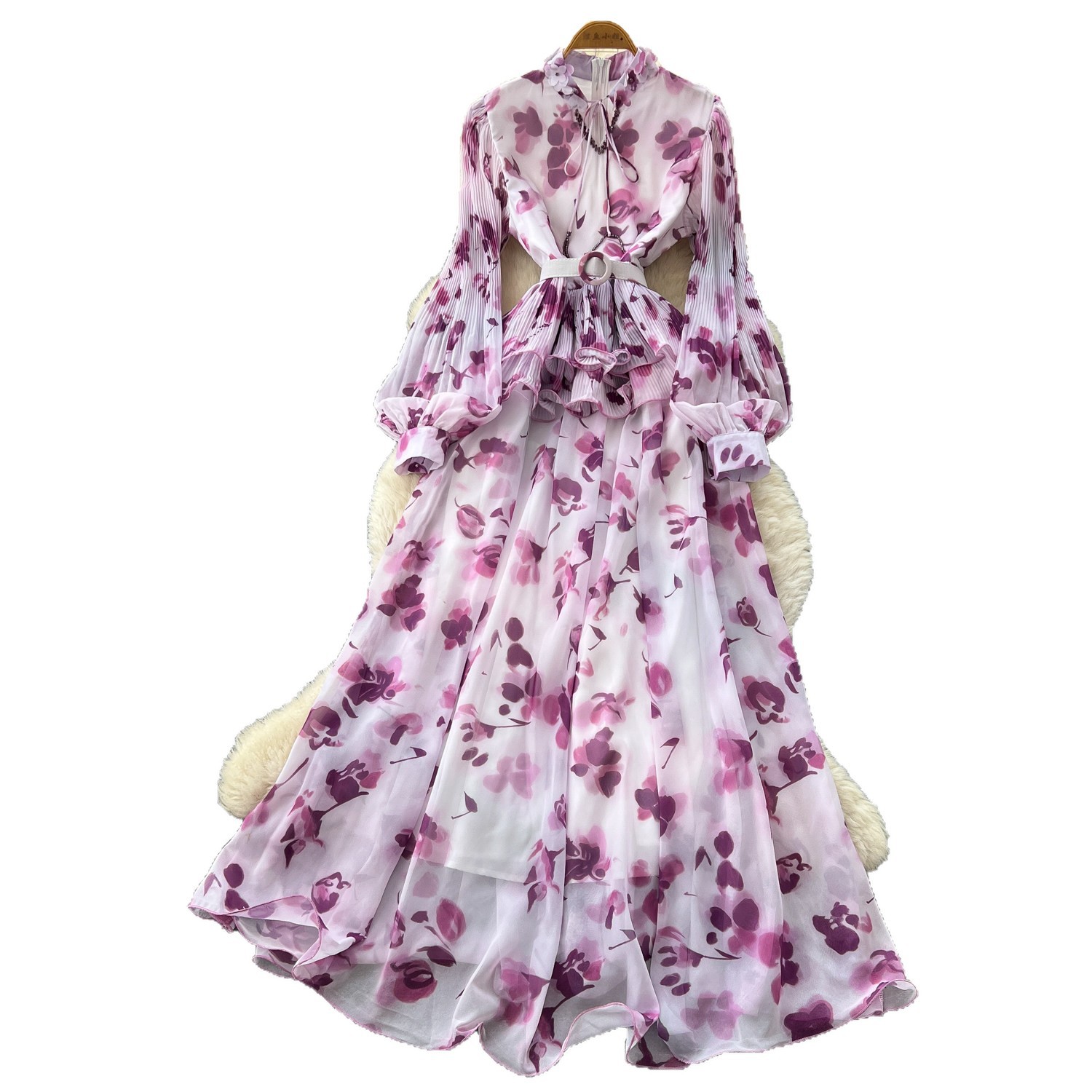 French Style Long Sleeve Stand Collar Lantern Sleeve Printed Chiffon Dress for Women Elegant A Line Silhouette Summer