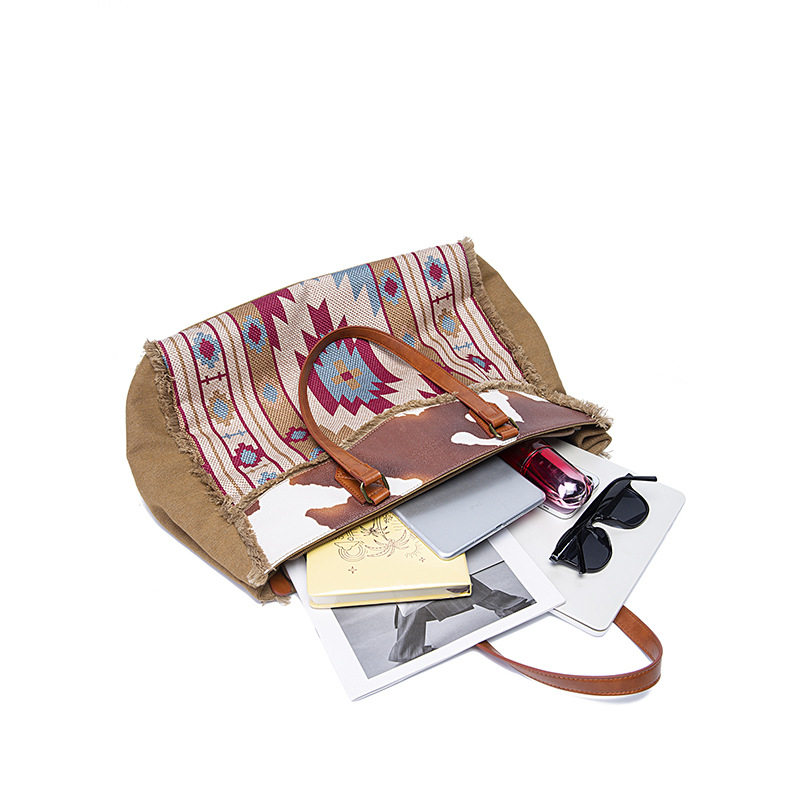 Túi Tote Nữ Vải Canvas Cotton Họa Tiết Bohemian Vintage Đeo Vai, Đeo Chéo, Xách Tay Màu Nâu, Xanh, Đỏ, Be chi tiết 9