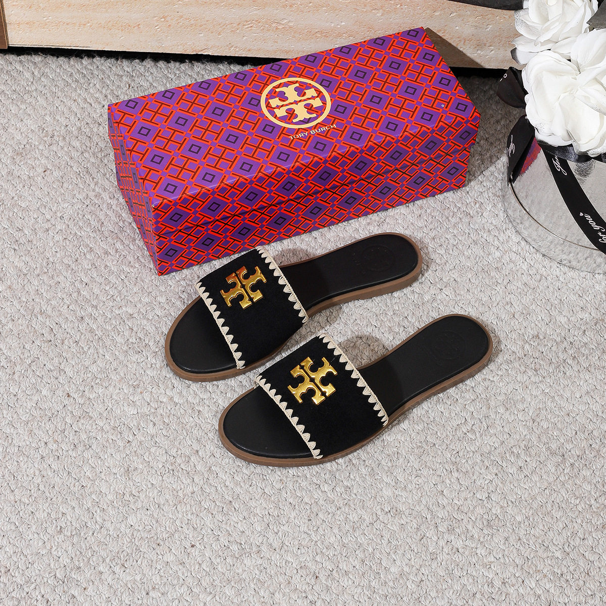 Tb Summer Versatile Flat French Casual Women's Genuine Leather Slip-On Lazy Slippers Open-Toe Sandals