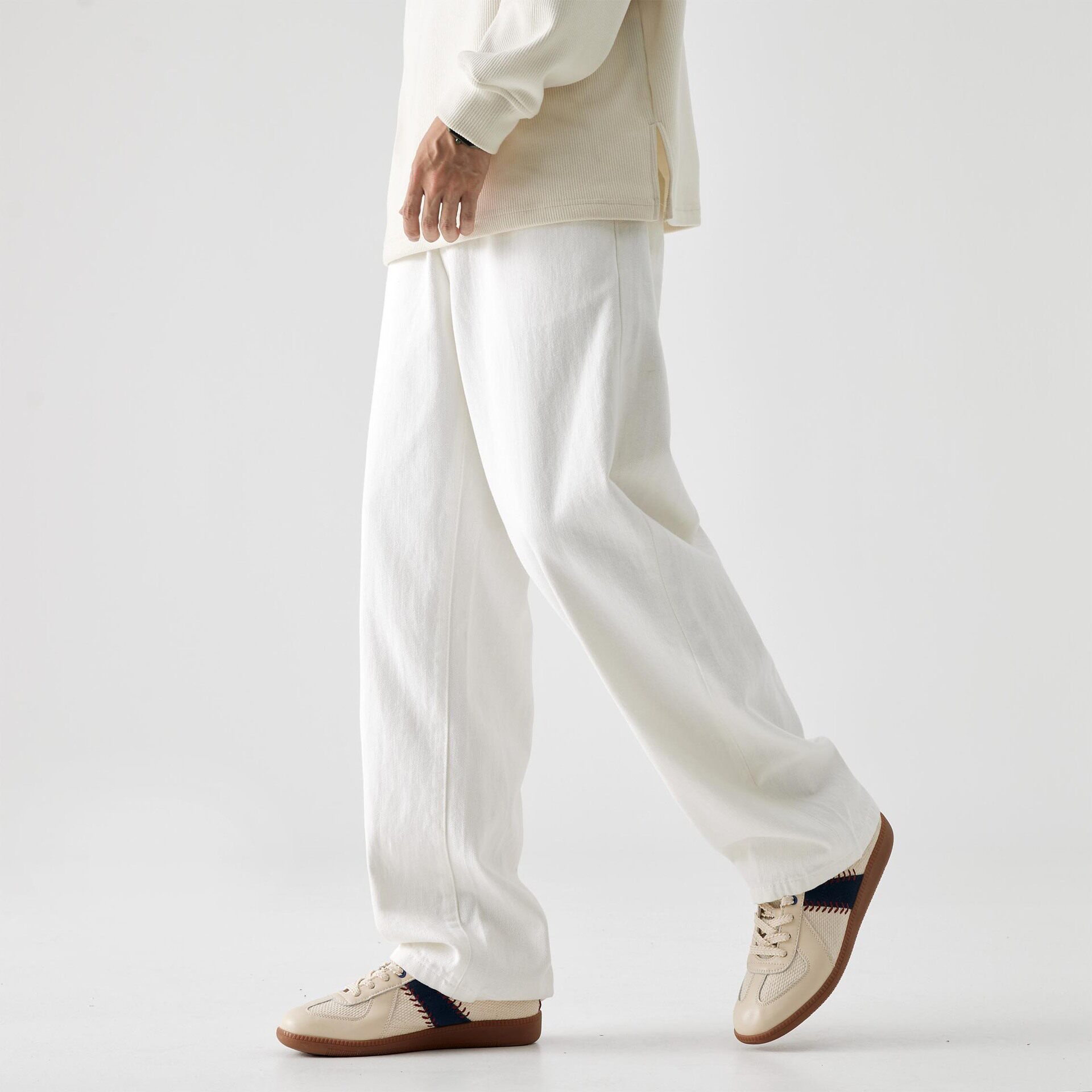 Quần Jean Ống Rộng Nam Cotton Dáng Suông Màu Trắng
