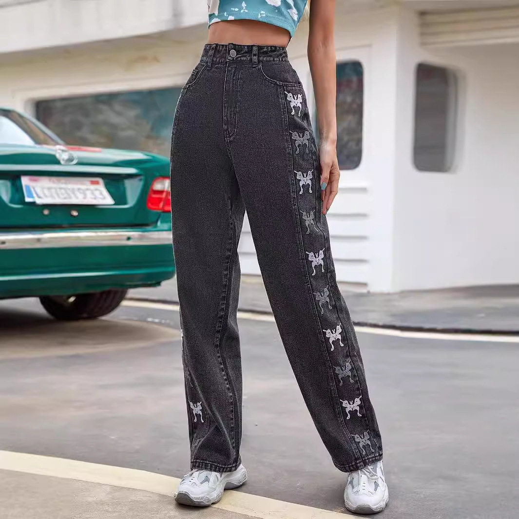 Vintage Gradient Butterfly Embroidery Denim Pants Womens Casual Style Versatile Fit Suitable for Daily Wear