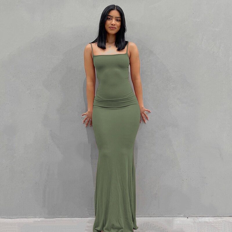 Womens Solid Color Bodycon Maxi Dress Spaghetti Straps Mermaid Hem Peach Butt Lift Elegant Evening Wear Wholesale