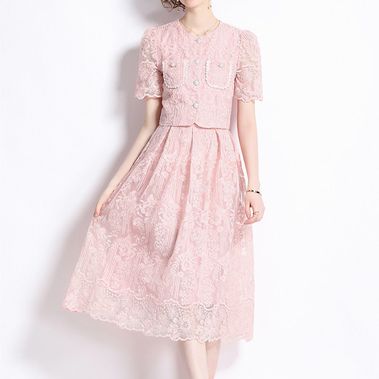 Elegant Womens Two Piece Set French Lace Puff Sleeve Blouse High Waisted Slim Skirt Perfect for Formal Occasions